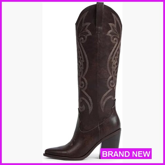 Shoes - Knee High Cowboy Boots Embroidered Western Chunky Heel Pointed Toe Slip On